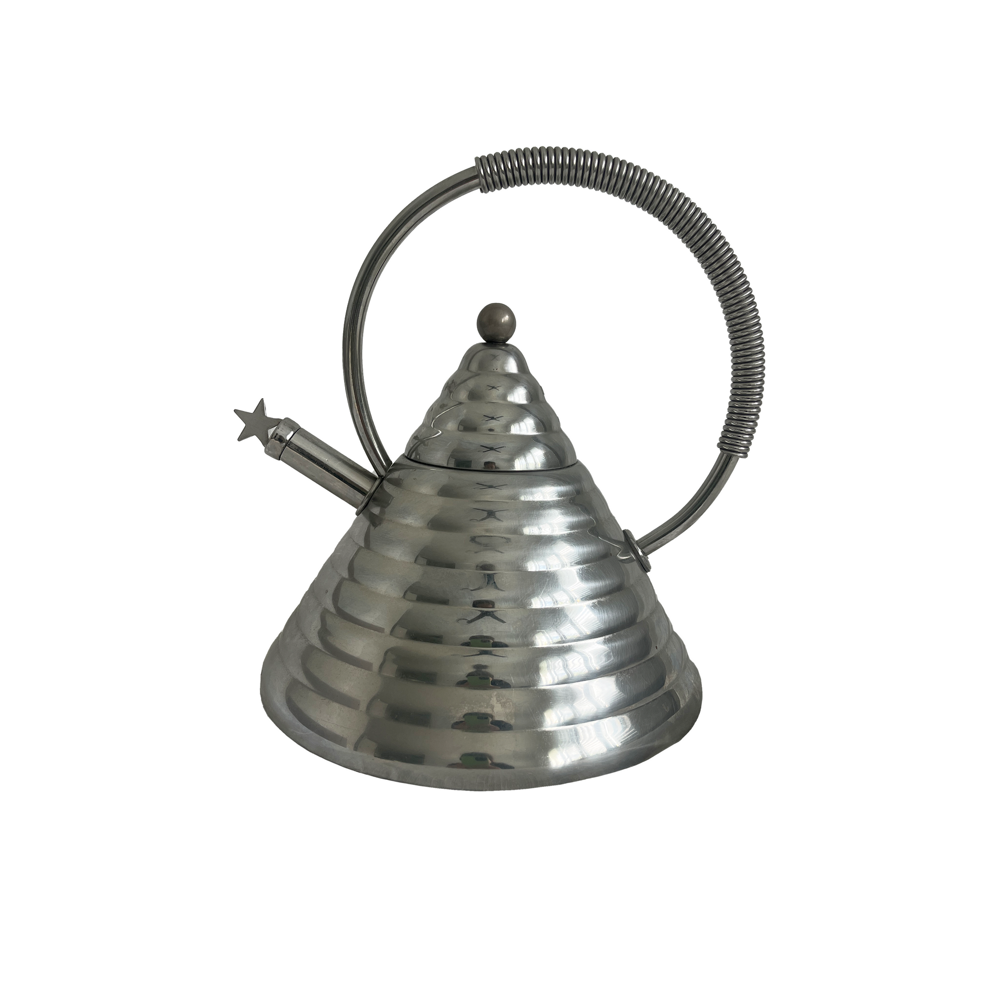 Marina Sgarbi stainless steel kettle with stepped conical body and arched coiled handle, 1980s Italian
