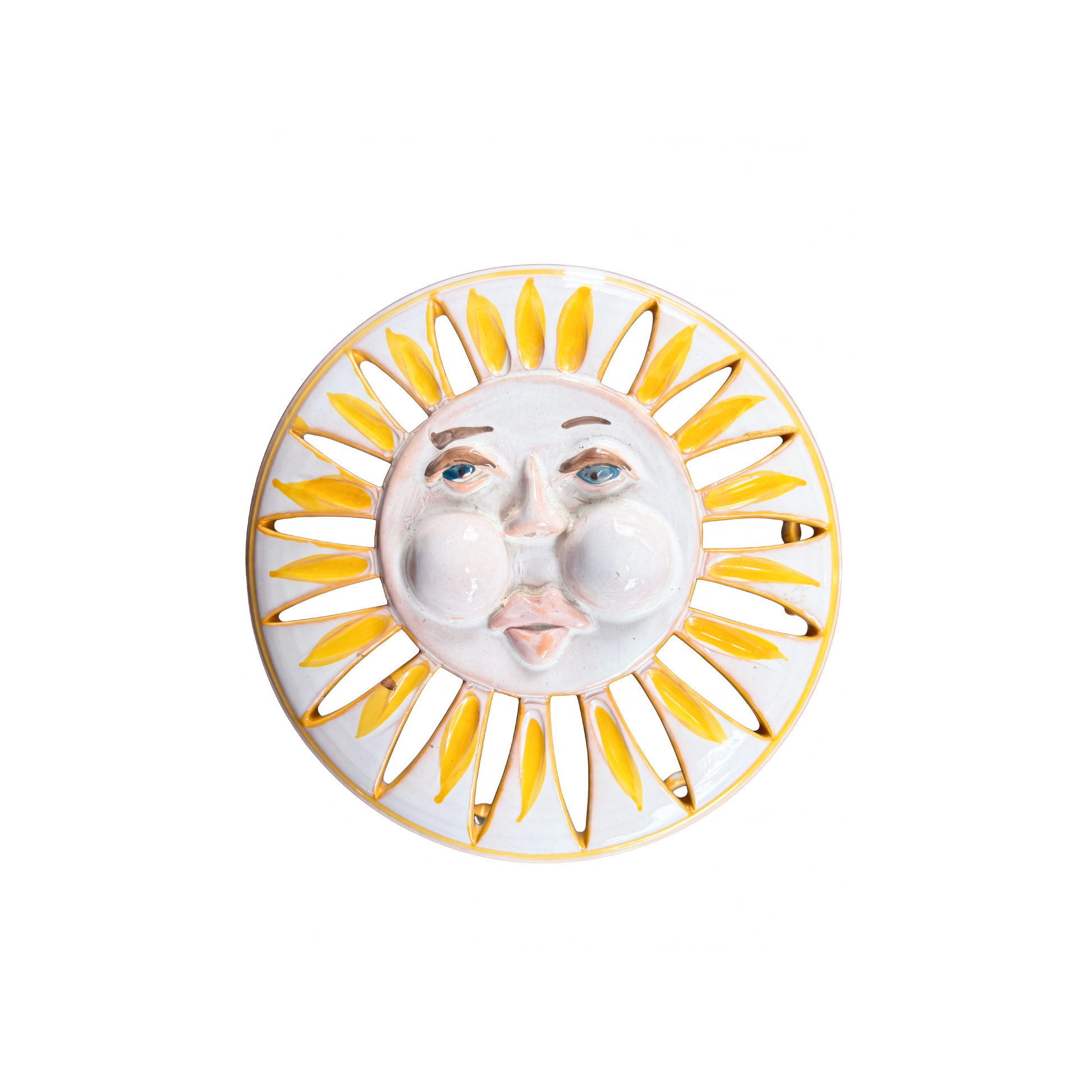 Italian ceramic sun wall light with sculptural face and cutout radiating rays, 1960s