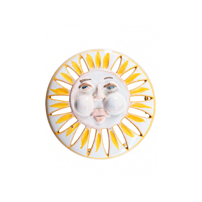 Italian ceramic sun wall light with sculptural face and cutout radiating rays, 1960s