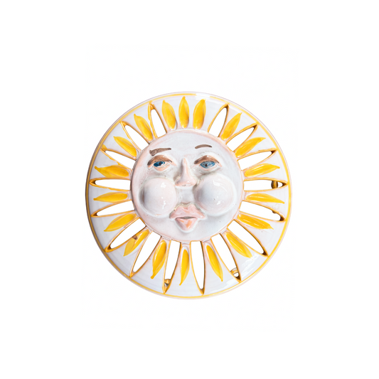 Italian ceramic sun wall light with sculptural face and cutout radiating rays, 1960s