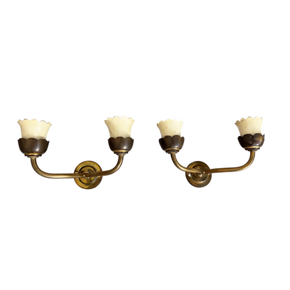 Pair of Italian brass wall sconces with dual arms and scalloped tulip shades, 1950s