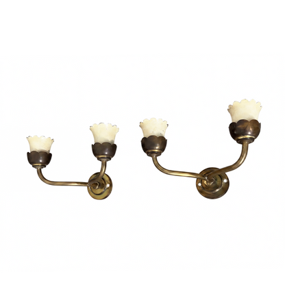 Pair of Italian brass wall sconces with dual arms and scalloped tulip shades, 1950s