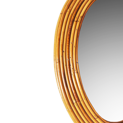 Side profile showing curved rattan construction and depth of 1960s Vivai Del Sud wall mirror