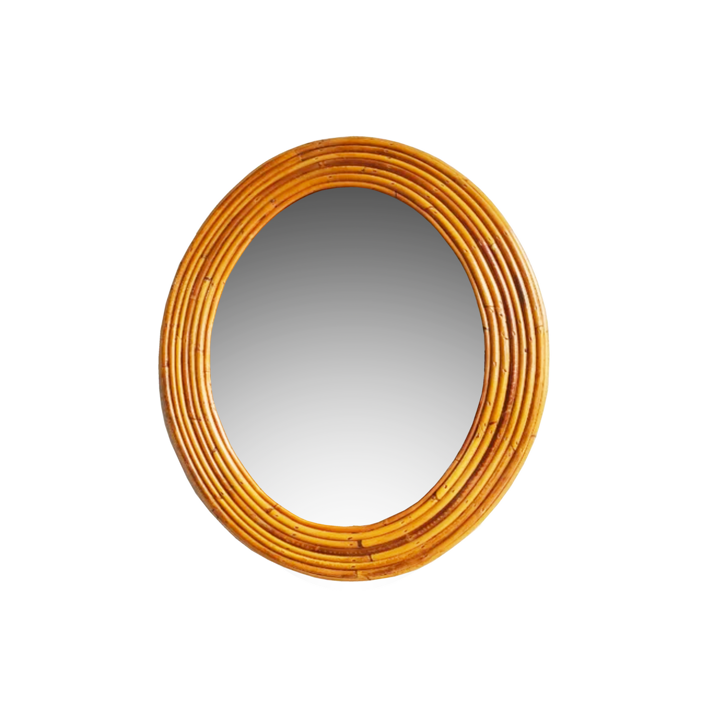 1960s Vivai Del Sud rattan mirror with curved frame and honey finish, Italian craftsmanship