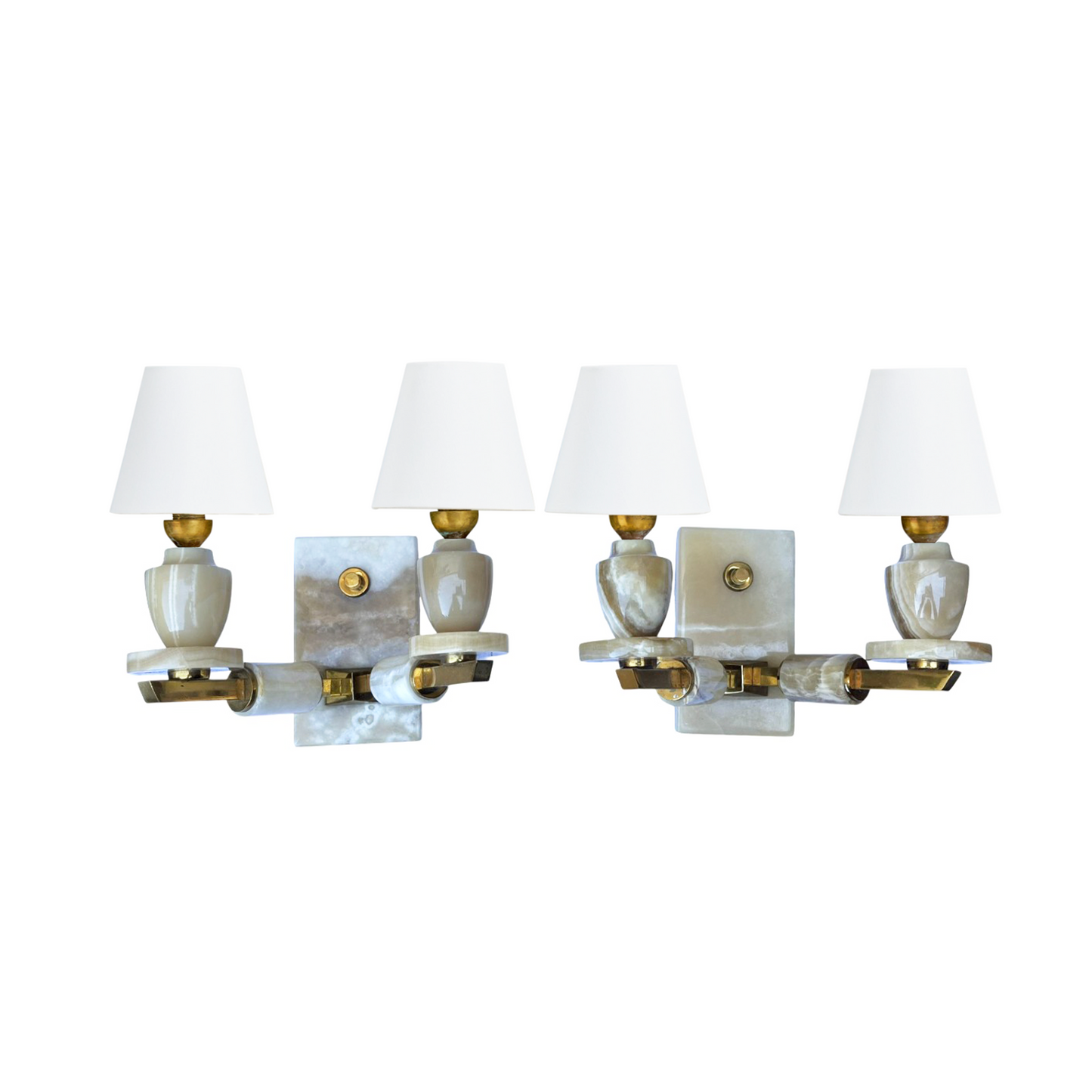 Pair of Twin Arm Brass and Onyx Wall Lights