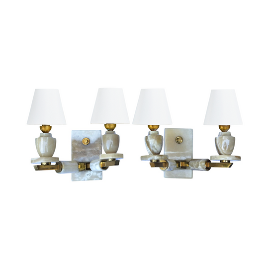 Pair of Twin Arm Brass and Onyx Wall Lights