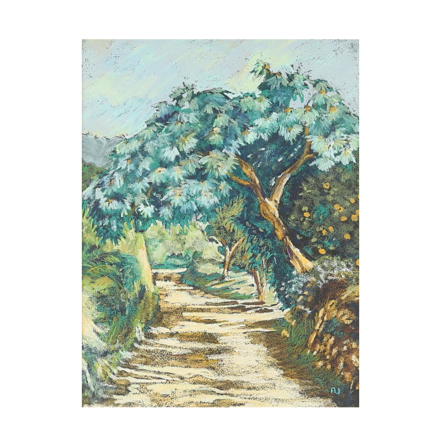 Signed Vintage "Orange Grove" Oil Pastel on Paper